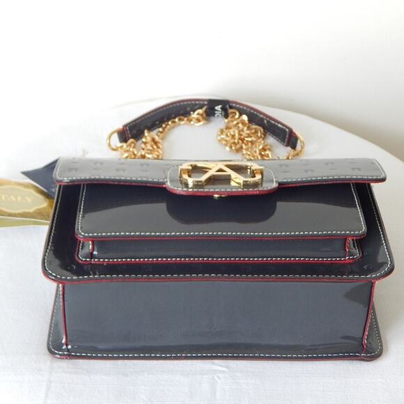 ARCADIA Genuine Patent Leather Flap Chain Crossbody Bag in Dark Grey Italy NWT - Picture 11 of 15